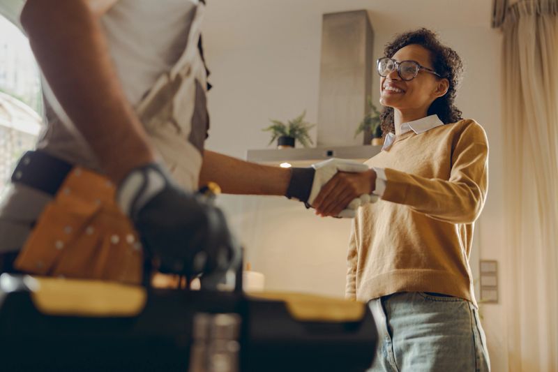Close up of repairman in uniform shaking hands with woman while standing at home kitchen
