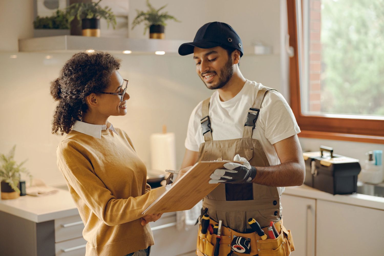 Technician explaining details to a smiling woman in a modern kitchen.