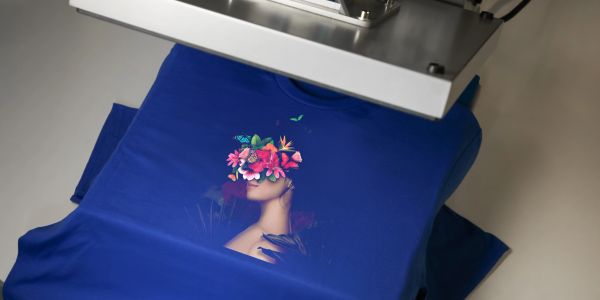 Blue T-shirt with a surreal floral face print.