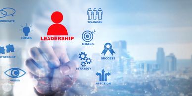 Business concepts highlighting leadership and teamwork with a cityscape background.