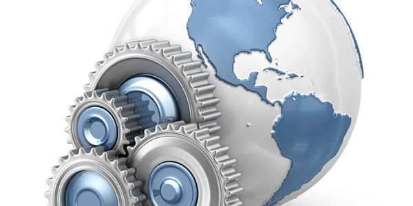 Globe with interconnected silver gears symbolizing global industry and technology.