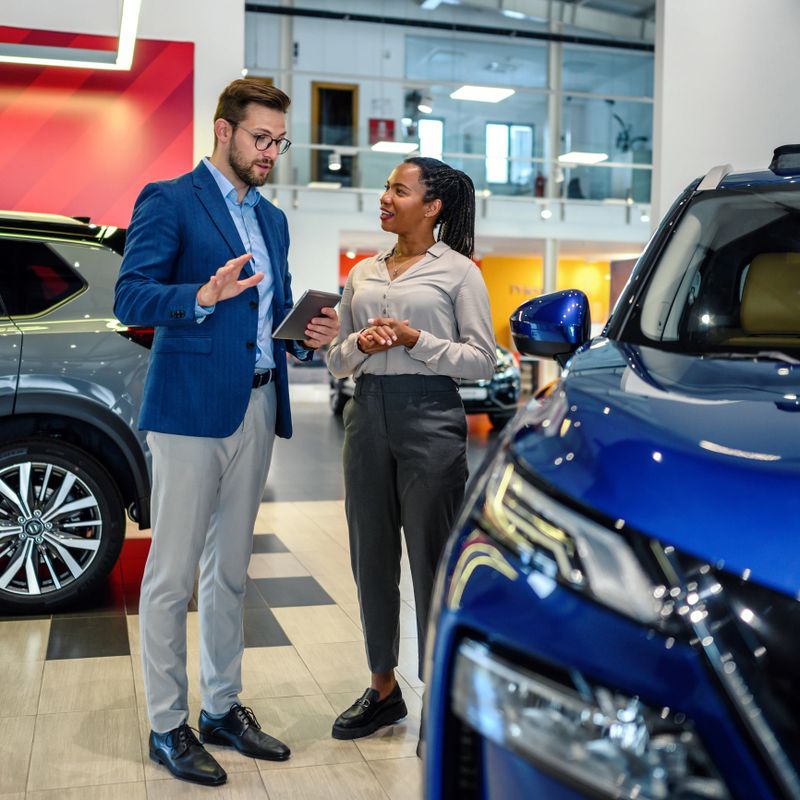 Salesman helping the female customer to choose a new car