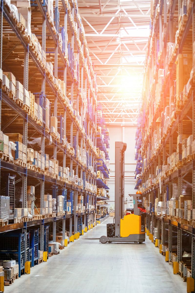 Forklift loader in Modern warehouse interior with shelves and boxes.