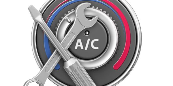 Air conditioning control knob with wrench and screwdriver symbolizing repair.