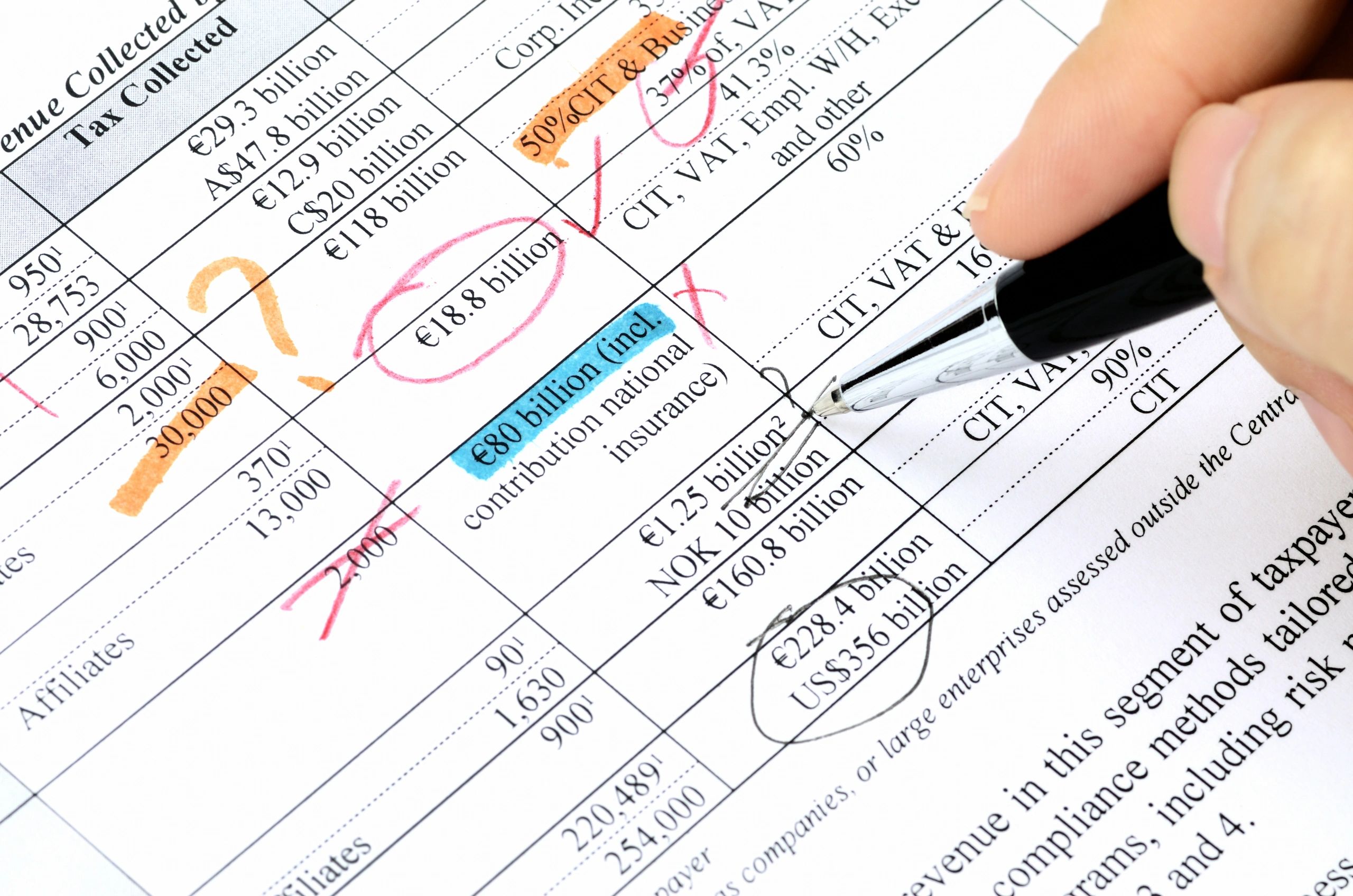 A hand marking a financial document with pen and colorful highlights.