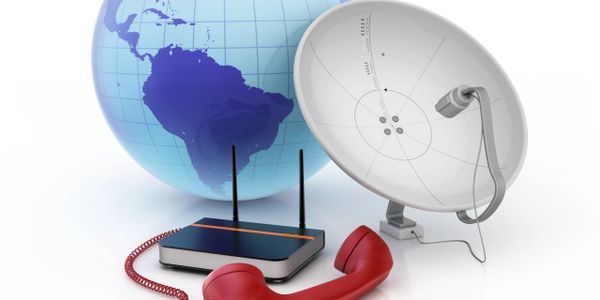 Communication technology symbols with globe, satellite dish, router, and phone handset.