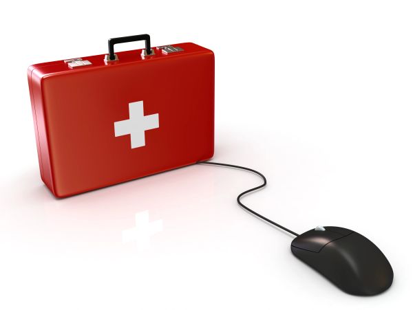 Red first aid kit with a computer mouse.