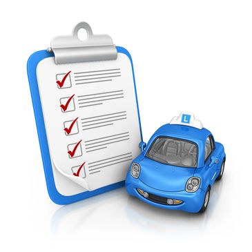 Blue learner car next to a checklist with red check marks.