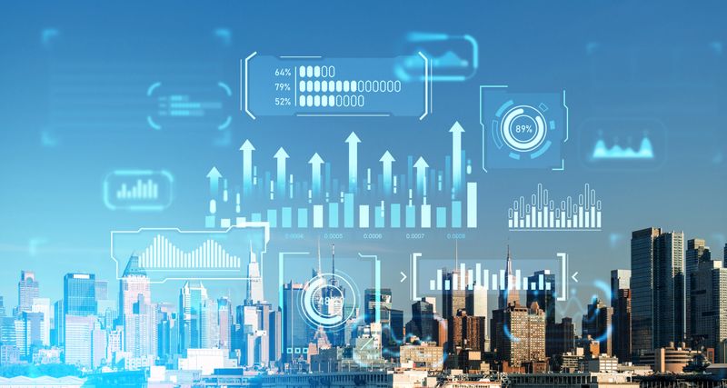 New York skyline and double exposure of digital business data dashboard. Growing arrows and bar chart with percentage circle. Concept of business research, infographics and development