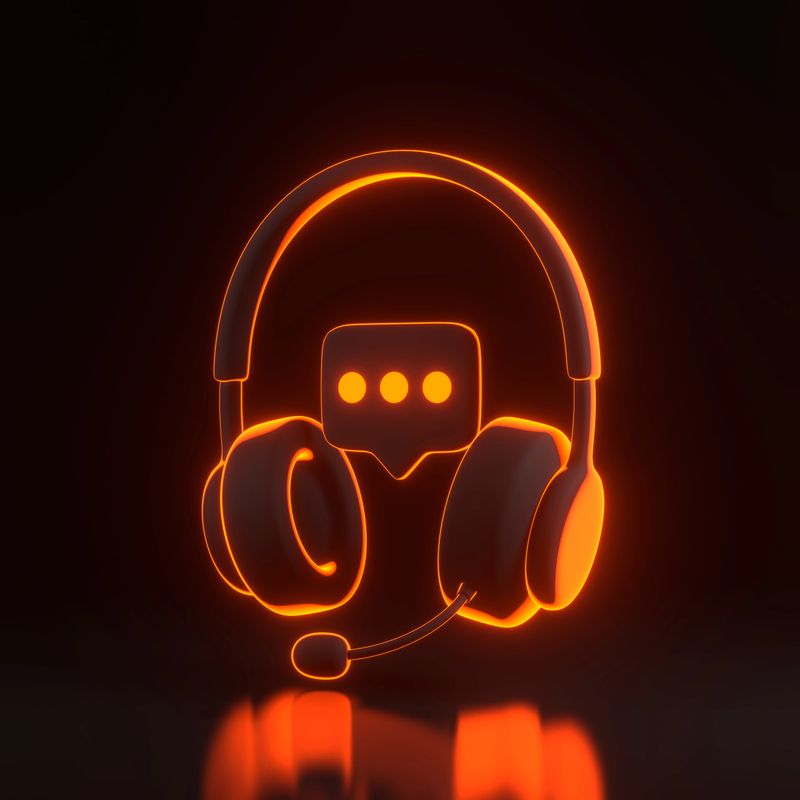 Headphones with speech bubble message flying with bright glowing futuristic orange neon lights on black background. Call center and online customer support. 3D render illustration
