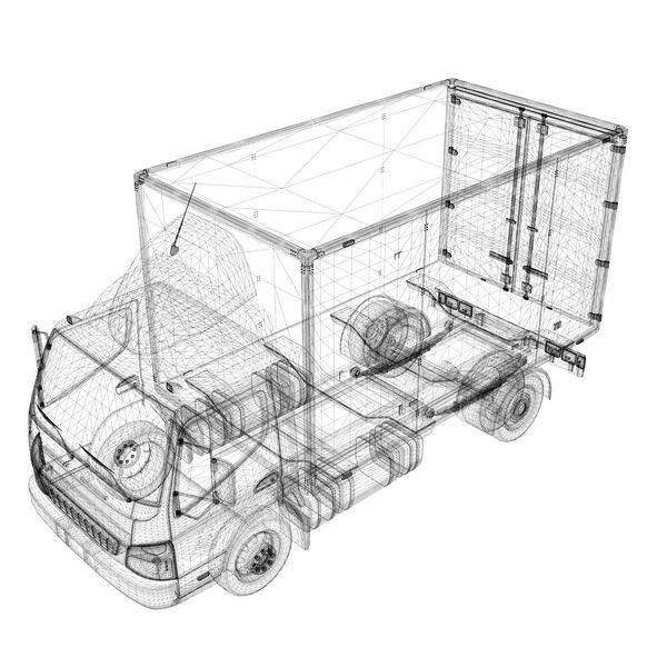 Wireframe 3D model of a box truck showing internal structure and details.