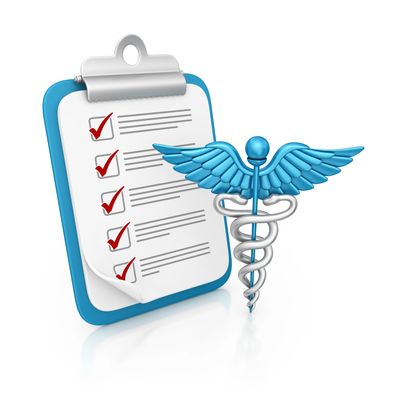Clipboard with checkmarks and a blue medical caduceus symbol.