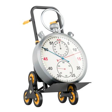 Stopwatch mounted on a hand truck with wheels.