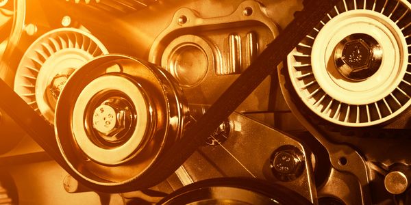 Close-up of a car engine belt and pulleys with warm lighting.