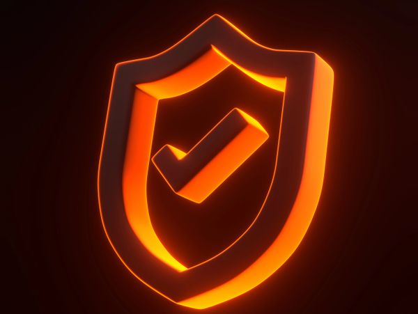 Glowing orange shield with a check mark symbolizing security and protection.