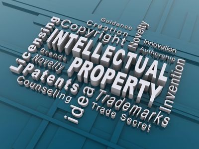 3D word cloud focused on intellectual property terms.