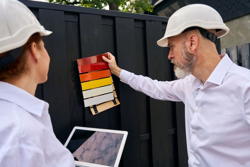 Customer leaning paint sample boards against wooden fence in presence of architectural designer on building site