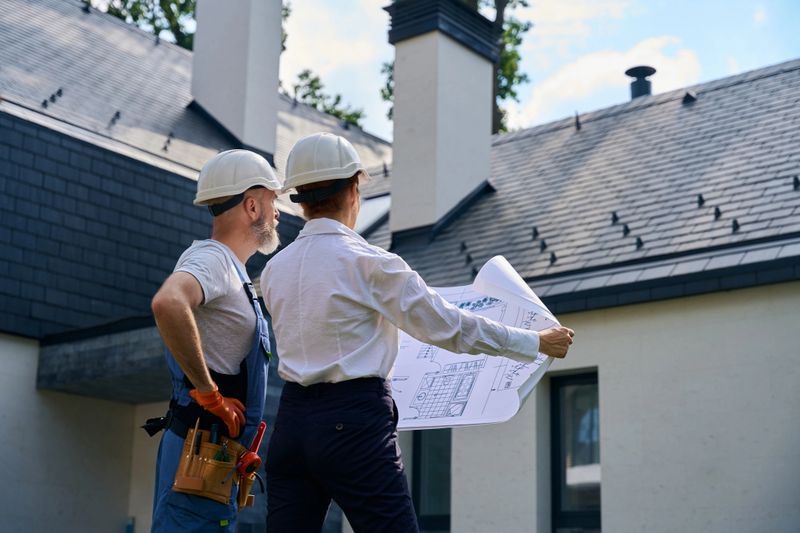 Construction worker and building inspector with architectural drawings standing in front of newly built house