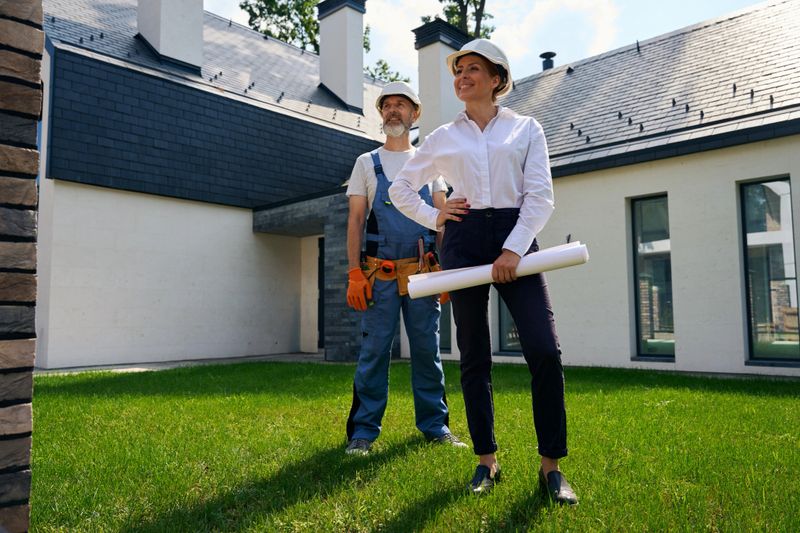 Full-size portrait of joyous architectural inspector and builder standing on grass outside newly built cottage and looking into distance