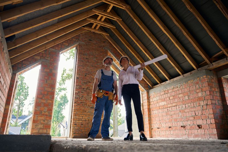 Focused project manager with architectural drawings and contractor inspecting attic roof from inside of unfinished residential building