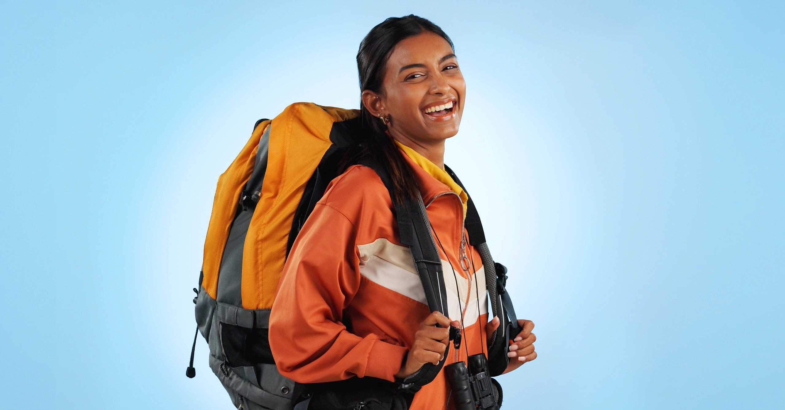 Woman with nylon backpack for hiking.