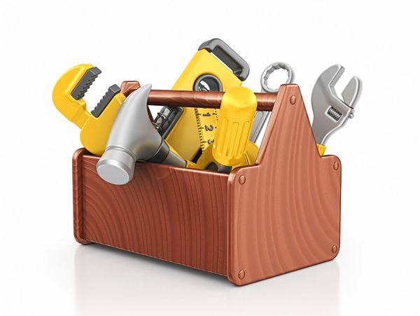Wooden toolbox filled with various hand tools including hammer, wrench, and screwdriver.