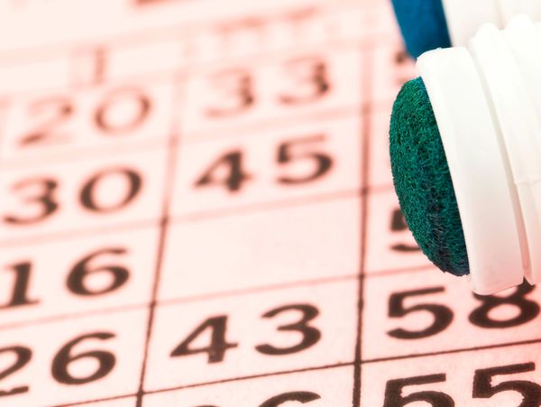 Bingo card with a marker on the number 58.