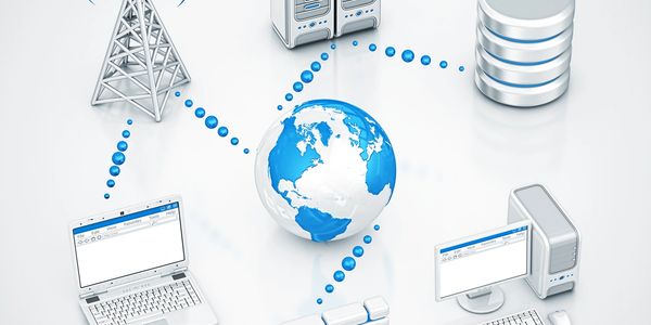 Digital network connecting devices globally around a blue and white globe.