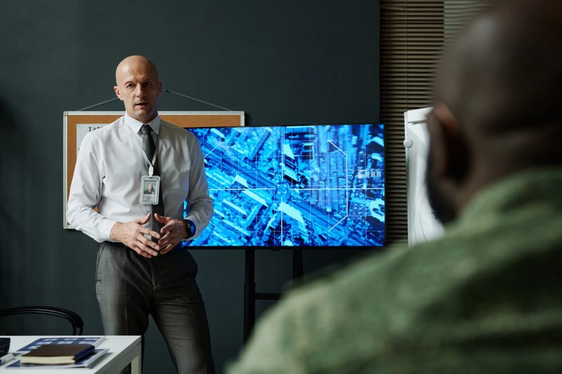 Focus on mature male coach or officer in formalwear standing by interactive screen in front of audience during presentation