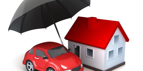 Black umbrella protects red car and house model.