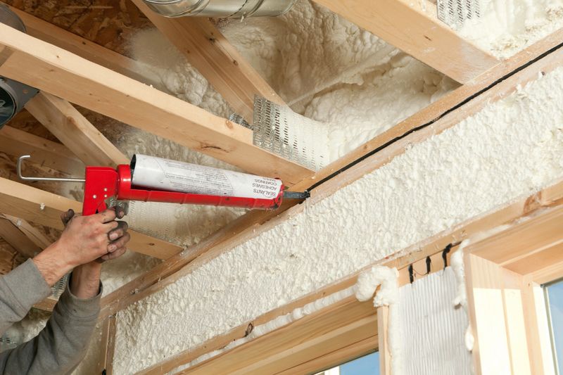 A construction worker is applying butyl sealant caulk to a gap between two window header boards at a house construction site. This is an optional measure to increase energy efficiency. The wall cavities have been sprayed with expandable foam insulation. In this home all of the board joints will be sealed with this caulk. 
