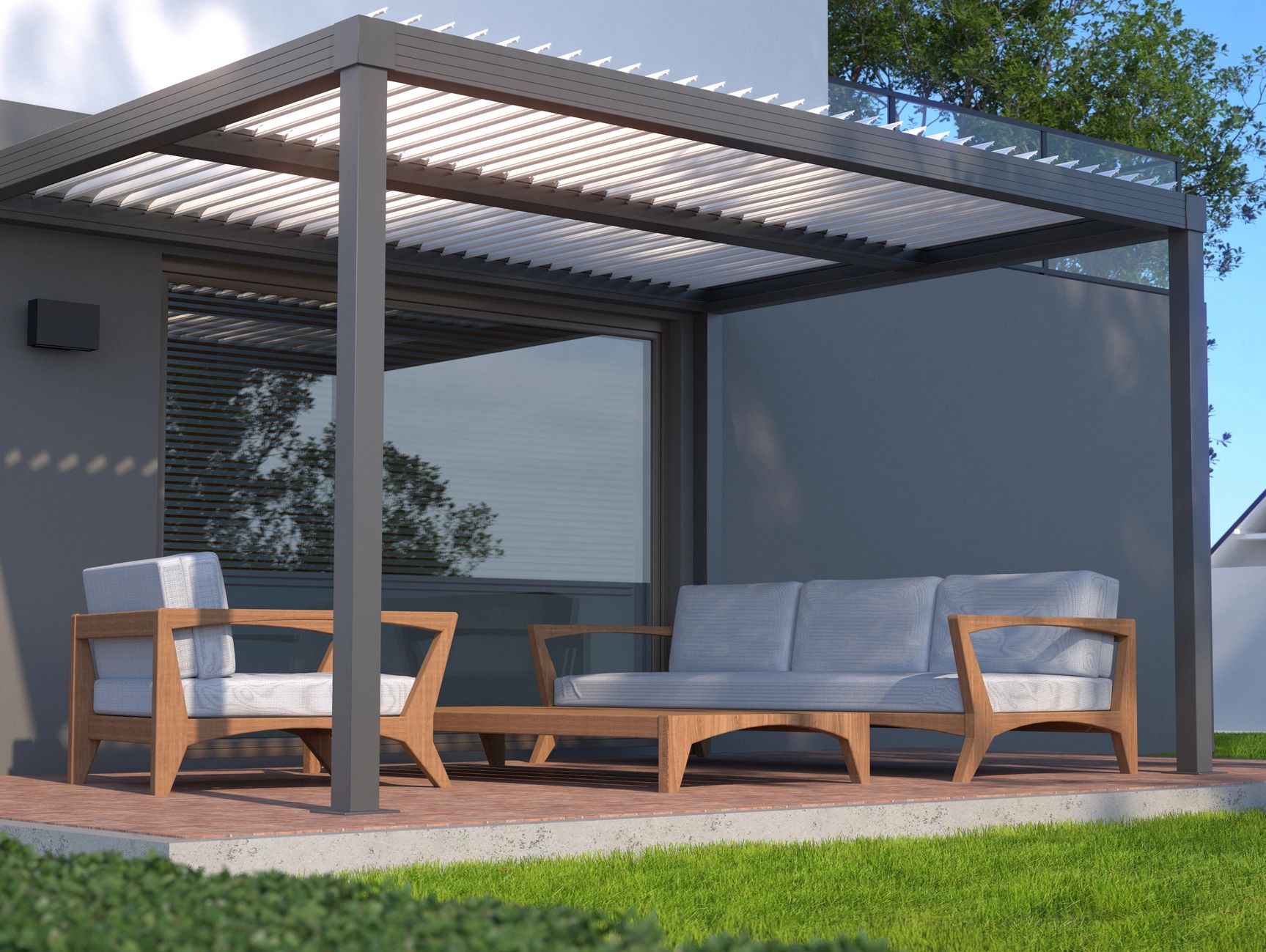 covered patio area outdoor structure with paver decking