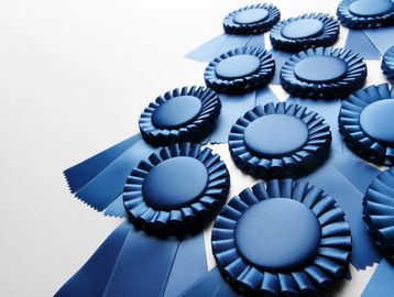 Custom-designed fabric award rosettes manufactured for a commercial client using precision textile fabrication.