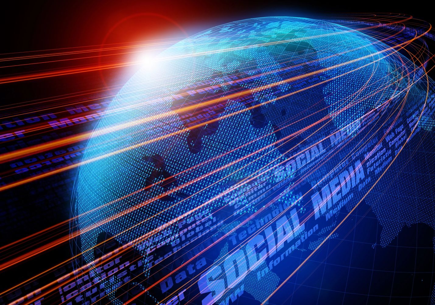 Digital globe with flowing data streams and social media keywords.