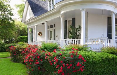 White house porch with red rose bushes and a swing.