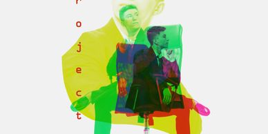 Colorful layered portraits of a man in a suit with the word 'project' vertically.