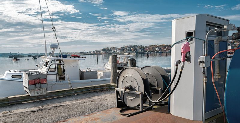 An industrial fuel pump is positioned to serve either boats or land vehicles at a waterfront site in New England.