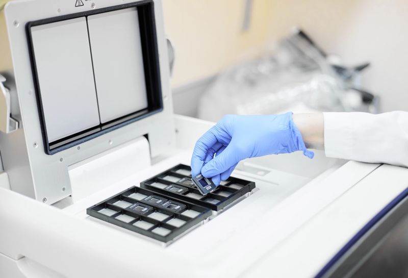 A researcher putting a chip in the PCR system for digital PCR performance