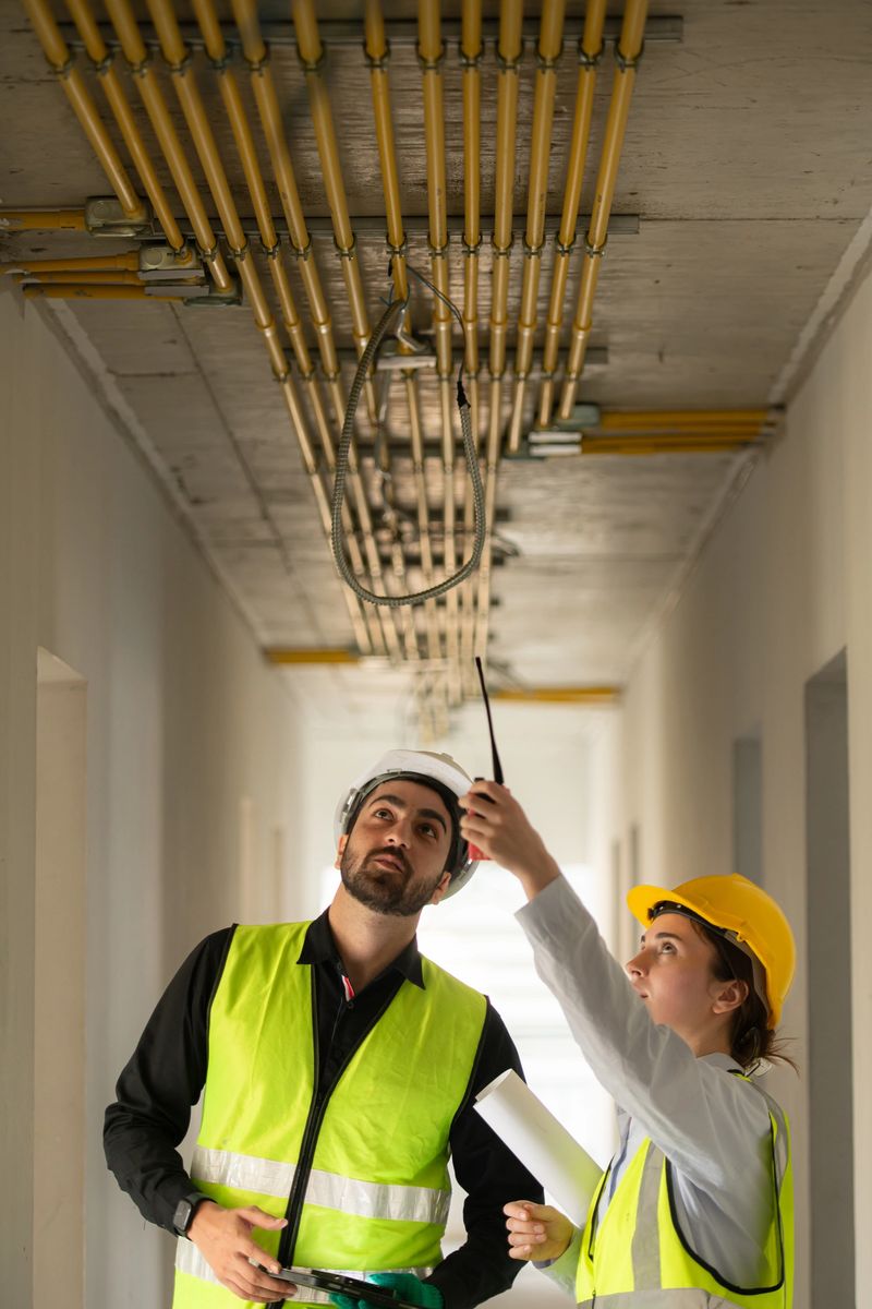 Male and female engineers working on construction site, they are monitoring the building's electrical system.