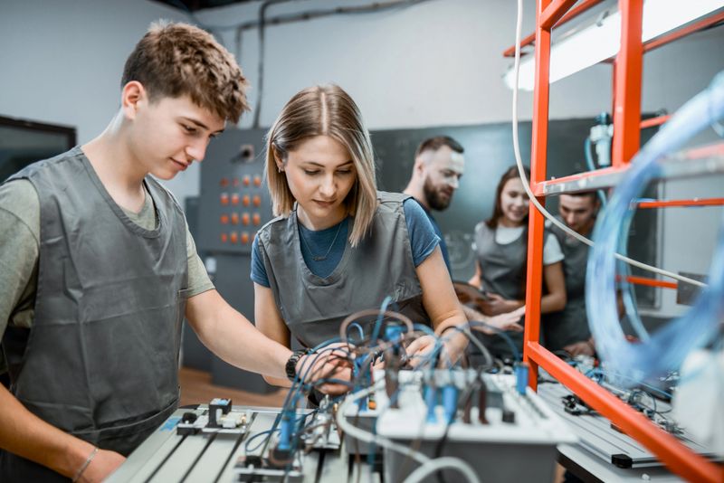 Male And Female Electrical Engineering Students Learning About PLC Operation Through Electrical Motors