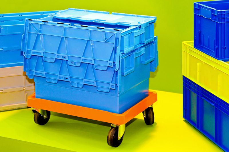 Plastic box with wheels for cargo transport.