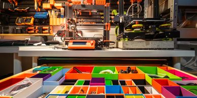 Organized workspace with colorful storage bins and tools on a workbench.