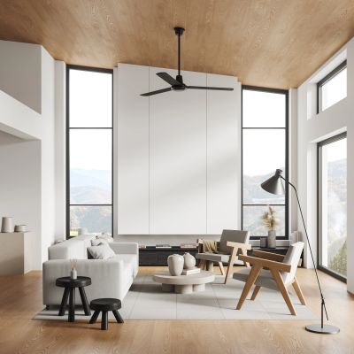 Modern living room with large windows and wooden accents.