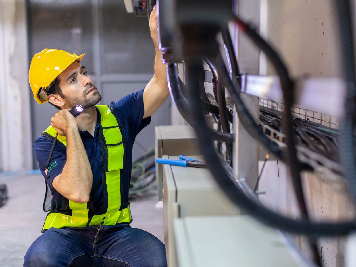 Electrician in safety gear inspecting electrical panel with flashlight.