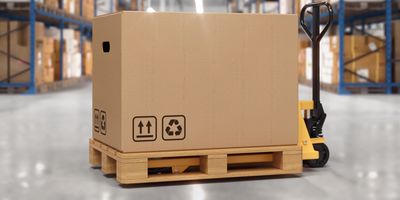 A large cardboard box on a pallet jack in a warehouse aisle.