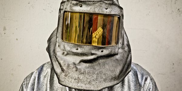 Person wearing a reflective silver heat-resistant protective suit and helmet.
