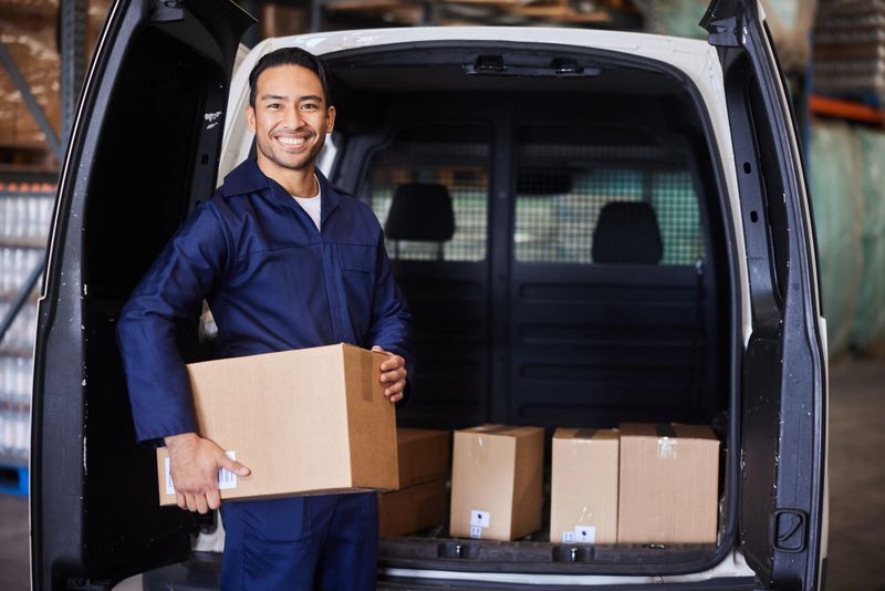 Portrait of a smiling young male delivery person loading his van with boxes before leaving a shipping and distribution warehouse
