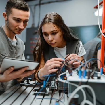 Two young engineers collaborating on a technical project with electronic components.