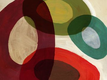 Abstract painting with overlapping colorful ovals on a textured beige background.