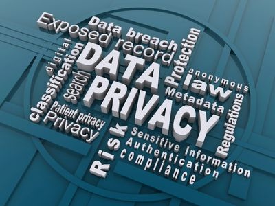 3D word cloud emphasizing data privacy and related concepts.